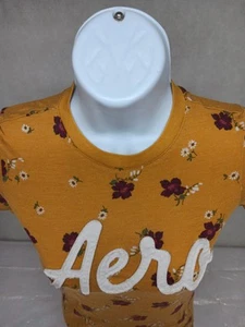 Women's Aeropostle Mustard Yellow Floral XS Front Embroidered Patchwork Tee - Picture 1 of 10