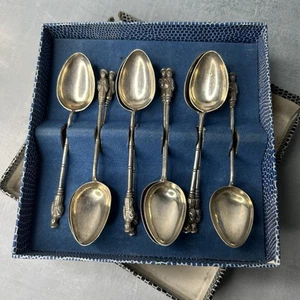 10 Silver Spoons Bamboo Handle Imperial Chinese Scholar Figures Antique ~ 4¼" - Picture 1 of 24