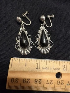 Orecchini Vintage Messico Grandi Nero Onice a Goccia Argento Sterling Bordo a Pergamena - Foto 1 di 4