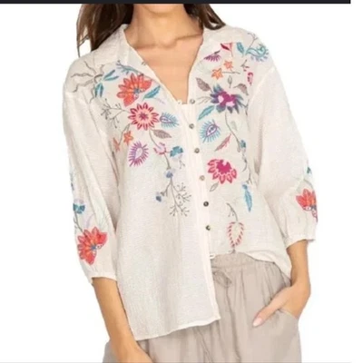 Blusa JOHNNY WAS Phoebe Bordada Top Floral Libélula Botones Camisa XL Boho Foto 1 de 4