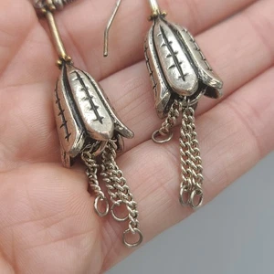 Vintage schwere Ohrhänger silberfarben Tulpen Blumen Haken - Bild 1 von 9