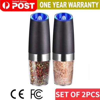 PACK de 2 molinillos eléctricos de sal y pimienta por gravedad con luz LED de tosquedad ajustable Foto 1 de 4