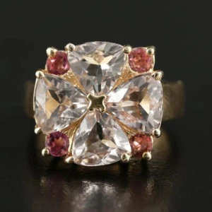 Anello in oro giallo 14 kt con morganite e tormalina rosa - Foto 1 di 8