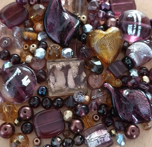 125 Brown Gold Glass Bead Mix, Foil Focal beads round shape firepolished heart - Picture 1 of 6