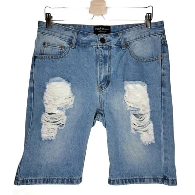Pantalones Cortos BOOHOO MAN Denim Envejecido Para Hombre 32 Preppy Azul Claro Ajustado Jean Bermudas Foto 1 de 4