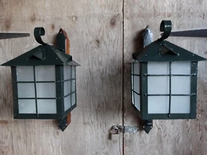 PAIR OF LARGE OUTDOOR ANTIQUE ARTS & CRAFTS PORCH LANTERNS LIGHTS c1910 - Picture 1 of 21