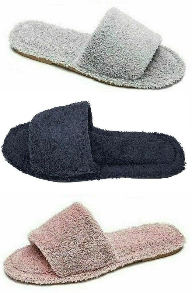 LADIES WOMENS OPEN TOE TOWELLING MULE SLIPPERS SLIP ON SLIDERS SIZE 3 - 8
