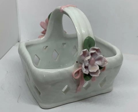 Porcelain Basket Decorative Hand Painted Flowers Miniature Cover