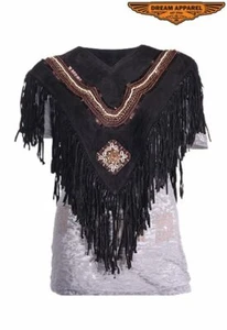 Women's Motorcycle Suede Leather Poncho w/ Lavish Fringe, Beads, Shell & Sequins - Picture 1 of 5