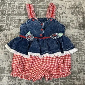 Vintage 90’s Pop Kids Denim And Gingham Bubble Romper Size 24 Months - Picture 1 of 14