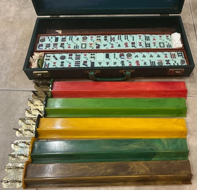 Vintage Cardinal Mah Jong Set 152 Light Green Jade Tiles 5 Racks - Image 1 of 4