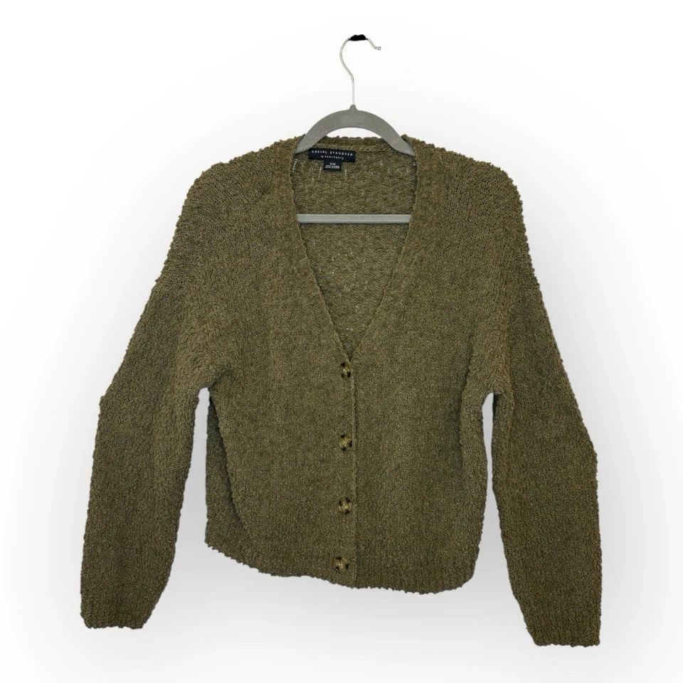 Social Standard by Sanctuary Olive Green Cardigan Sweater M Boucle Cropped Cozy - Image 1 of 4