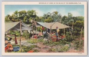Postal Florida Seminoles Indians at Home Everglades FL lino nativo americano - Imagen 1 de 2