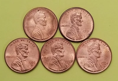 1990, 91, 92D, 93D & 94D Lincoln Cents, Memorial Reverse (5-AU Coins)     2002nv - Image 1 of 2