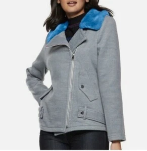Nine West Gray Oversized Belted Moto Coat Blue Faux Fur Collar Size Medium NEW - Picture 1 of 14