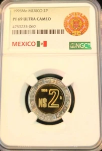 1995 Mo MEXICO 2 PESOS BI METALLIC NGC PF 69 ULTRA CAMEO LOW MINTAGE TOP POP - Picture 1 of 4