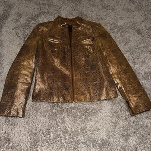 VS Vakko Gold Metallic Leather Jacket Women's Size 8 Shimmer Moto Style Snake - Picture 1 of 6
