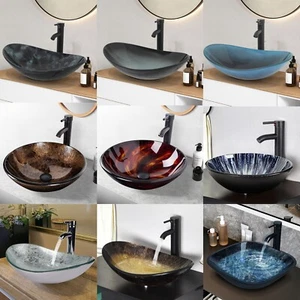 ELECWISH Bathroom Vessel Sink Tempered Glass Wash Basin Bowl Vanity Faucet Drain - Picture 1 of 53