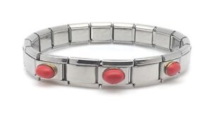 Italian Charm Bracelet 9 mm Stainless Steel Link 18K Gold Red Coral Oval Stone 