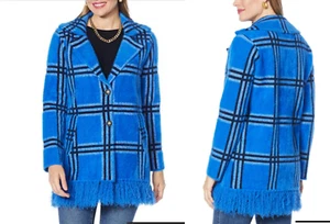 New NVLT PLUS SZ 1X Eyelash Knit Coatigan COAT JACKET Fringe Ocean blue plaid - Picture 1 of 5