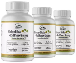 Ginkgo Biloba+Red Panax Ginseng Premium Green Superfood - 3 Bottles 180 Capsules - Picture 1 of 6
