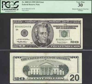 $20 1999 FRN Cleveland Engraving Error District Designator Font PCGS VF 30 - Picture 1 of 1
