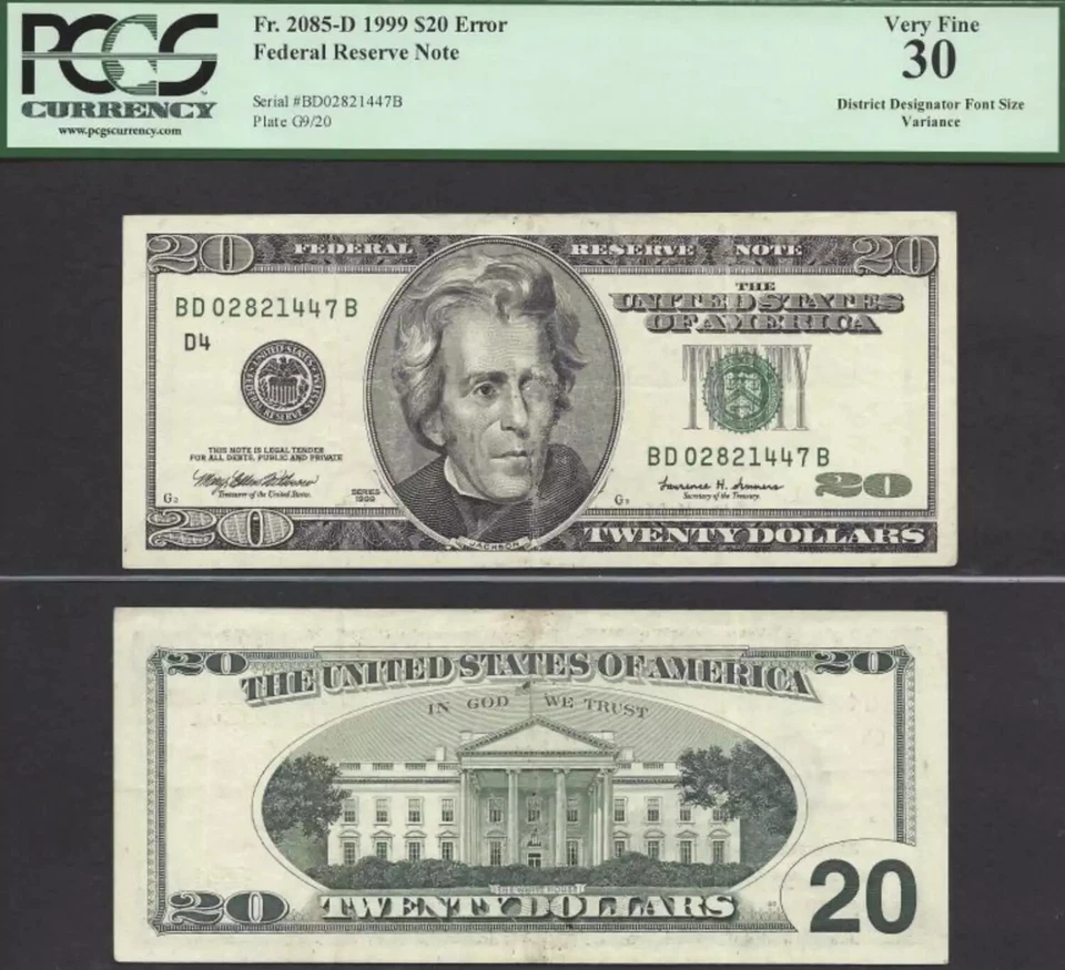 $20 1999 FRN Cleveland Engraving Error District Designator Font PCGS VF 30 - Image 1 of 1