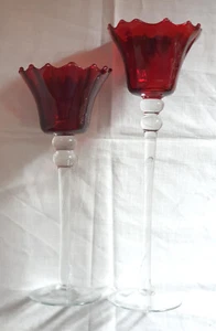 Kerzenhalter 2er Set Tafelschmuck rubinrot Glas mit Stiel - Bild 1 von 2