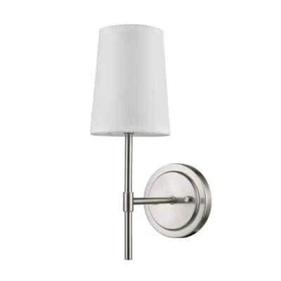 Globe Electric Clarissa 1-Light Brushed Nickel Wall Sconce w/White Fabric Shade - Image 1 of 4