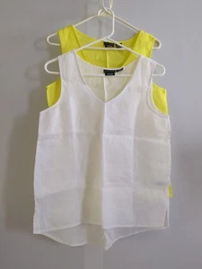 2 Tahari Essentials 100% Linen Tank Tops Sz S V-Neck Sleeveless Yellow/White NWT - Picture 1 of 11