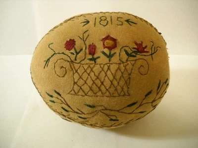 Primitive Embroidered Stuffed Football Shaped Egg Tea Stained ~  1815 ABC 123 - Image 1 of 4