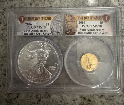 2016 1/10oz Gold & 1oz Silver Eagle 30th Anniversary Set PCGS MS70 FDOI Great $ - Image 1 of 4