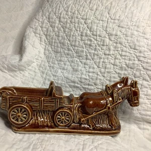 Horse ~ Mule Drawn Wagon Ashtray Brown Drip Glaze #1646 Made In Brazil - Picture 1 of 4