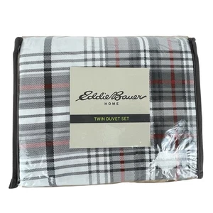 NEW Eddie Bauer Home Twin Duvet Set Plaid 100% COTTON Navy Gray New - Picture 1 of 2