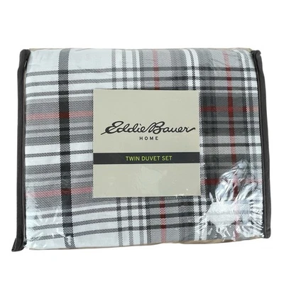 NEW Eddie Bauer Home Twin Duvet Set Plaid 100% COTTON Navy Gray New - Image 1 of 2