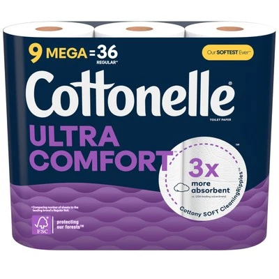 Cottonelle Ultra Comfort Toilet Paper Mega Rolls 9 Pack 244 Sheets 2 Ply