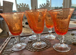 Vintage French Orange Bubble Glass Goblets – Mid Century Hand Blown Set of 5 - Picture 1 of 4