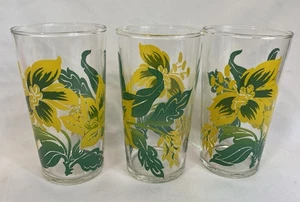 3 MCM Federal Glass 8 oz Swanky Swig Tumblers Yellow Flowers with Green Leaves - Picture 1 of 7