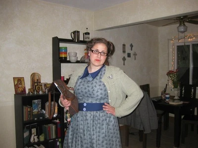 1940s Handmade Vintage Reproduction Blue Dress with Navy Trim - Image 1 of 4