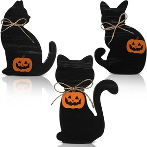 3 Pcs Vintage Black Cat Table Decor Wooden Block Sign Halloween Tiered Tray - Picture 1 of 5