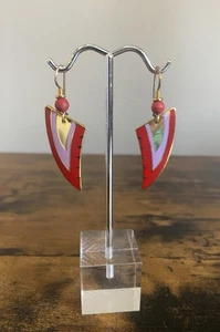 Vintage Signed Laurel Burch "Bali" Enamel Cloisanne Dangle Earrings Red Purple - Picture 1 of 8