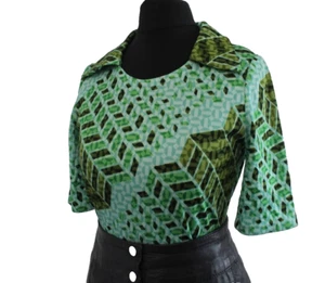 Vintage 1970s Top Green Abstract GEOMETRIC Retro PSYCHEDELIC Hippy Mod Top XS 6 - Picture 1 of 7