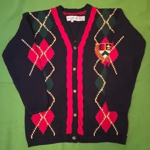 Vintage 80s Colorful The Eagle's Eye Argyle Cardigan Large with Crest  - Picture 1 of 6
