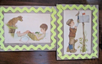 2 件老式儿童房 1980 年代 LK 鲍威尔男孩印花安装在胶合板上 — 第 1/3 张图片