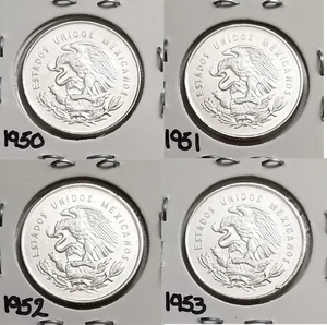 Mexico 25 Centavos 1950 1951 1952 1953 Lot 4 Coins .300 Silver, COMPLETE SERIES. - Picture 1 of 1