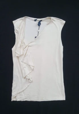 Blusa Ralph Lauren para mujer sin mangas, volantes delanteros, beige, grande Foto 1 de 4