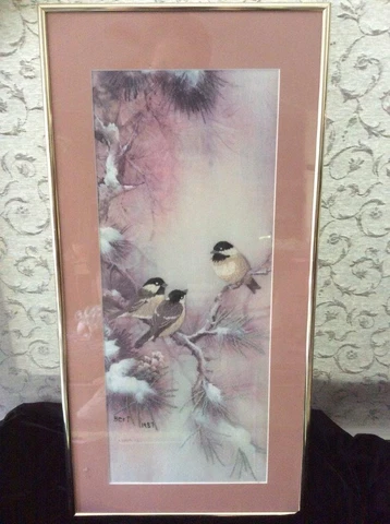 Framed Lena Liu Completed Embroidered Needlework of Chickadees on Pine Branch Cover