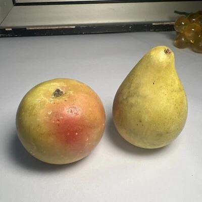 Vintage Italian Alabaster Pear & Apple Realistic Stone Fruit Wood Stem READ - Image 1 of 4