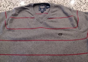 Chaps V Neck Sweater  Cotton Cashmere Blend Soft Gray w/ burg stripe Men's Sz LG - Picture 1 of 10