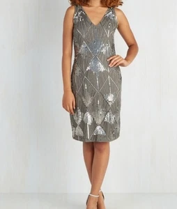 NWT Marina Sequined Silver  Dress Cocktail Holiday Womens Size 16 New - Picture 1 of 12